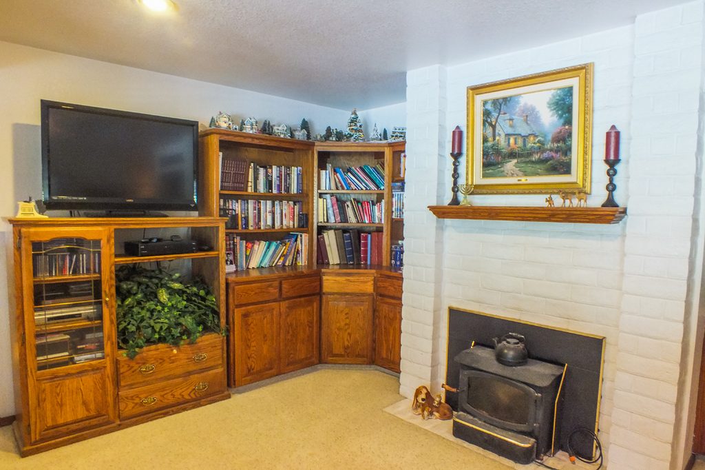 A cosy living room with a fireplace, framed painting, wooden bookcase and a television